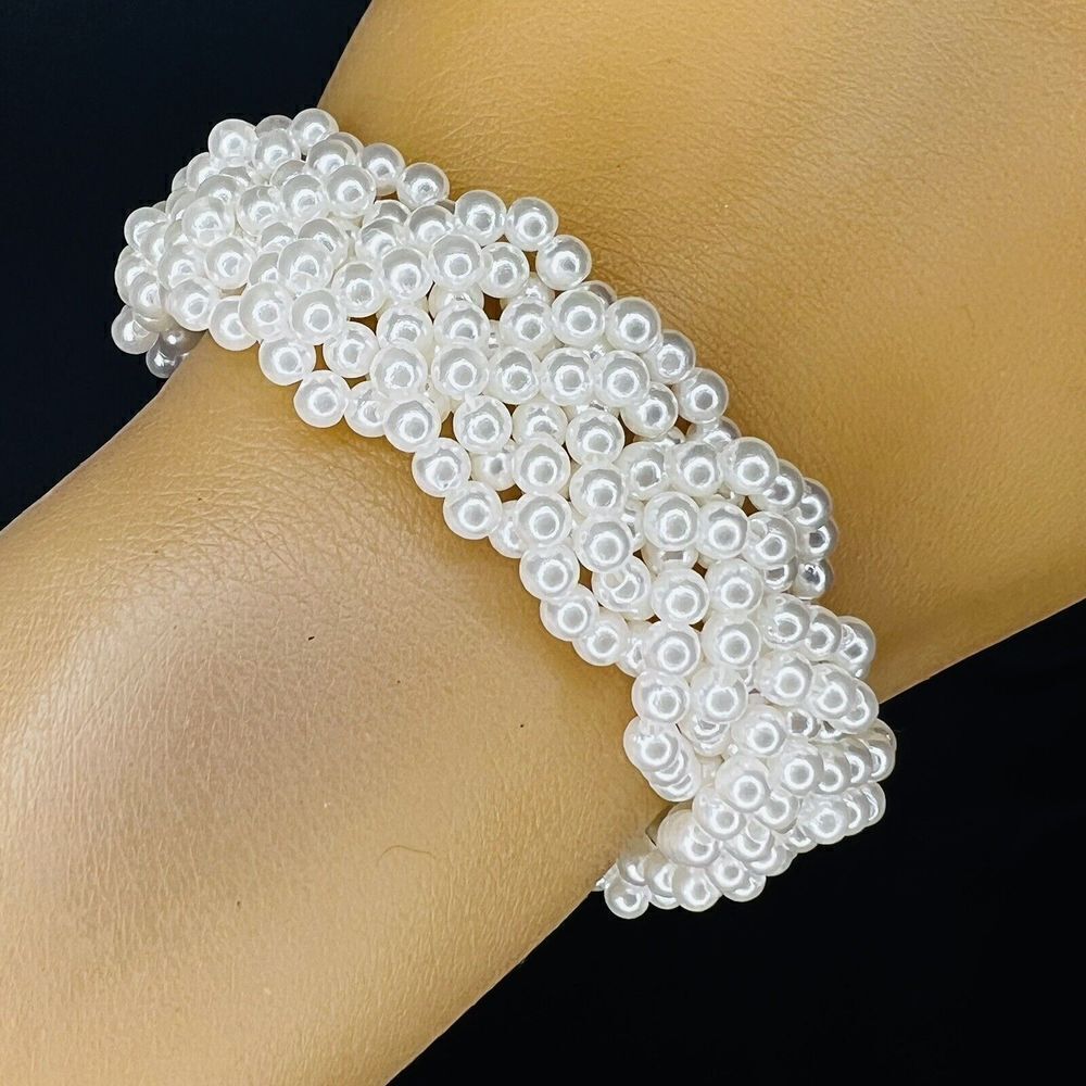 Vintage Faux White Pearls Braided Beaded Bracelet Gold T Adjustable PRETTY 1553